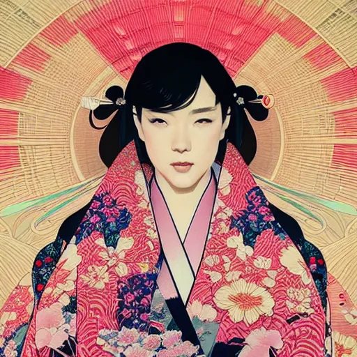 Image similar to hyperdetailed portrait of a woman in a kimono, digital painting, artstation hq, sharp foccus ilustration, artstation hq. intricate, elegant. wlop, artgerm, greg rutkowski, alphonse mucha, medium shot. dan mumford, tomokazu matsuyama, takato 4 yamamoto