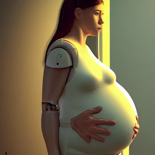 Prompt: pregnant female cyborg, robot anatomy elements, female body elements, cozy atmospheric and cinematic lighting, ultra rendered extreme realism and detail, 8 k, linear gamma, dynamic pose, dissolution filter, turbulence filter, sophisticated composition, old masters light composition, procedurally generated, pbr, in style of old masters, photorealistic, full length, sharp focus,