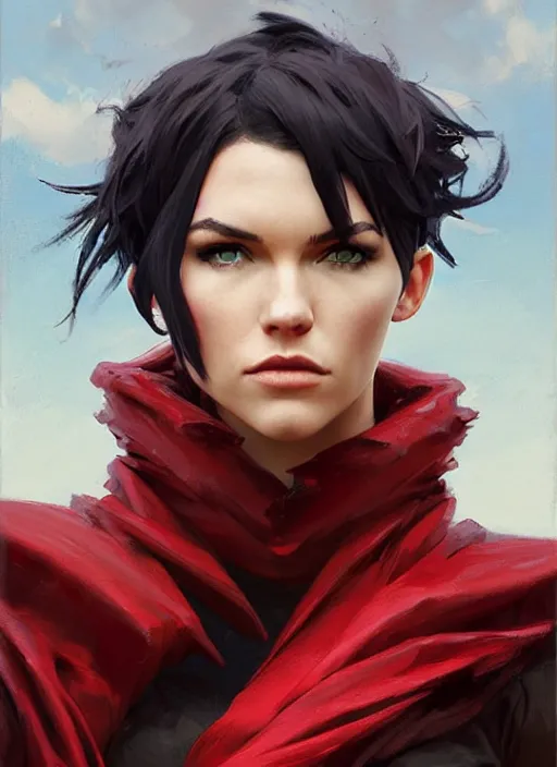 Image similar to portrait of Ruby rose of RWBY, countryside, calm, fantasy character portrait, dynamic pose, above view, sunny day, thunder clouds in the sky, artwork by Jeremy Lipkin and Giuseppe Dangelico Pino and Michael Garmash and Rob Rey, very coherent asymmetrical artwork, sharp edges, perfect face, simple form, 100mm