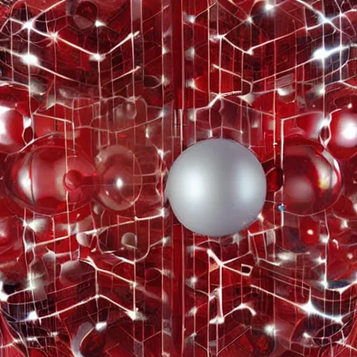 Prompt: chrome spheres on a red cube, chemigram