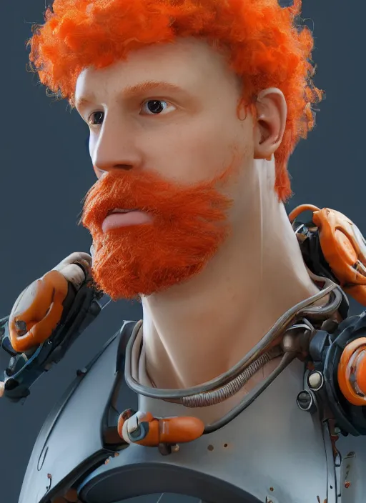 Prompt: biopunk portrait of curly orange hair man as a scientist, au naturel, hyper detailed, digital art, trending in artstation, cinematic lighting, studio quality, smooth render, unreal engine 5 rendered, octane rendered, art style by pixar dreamworks warner bros disney riot games and overwatch.