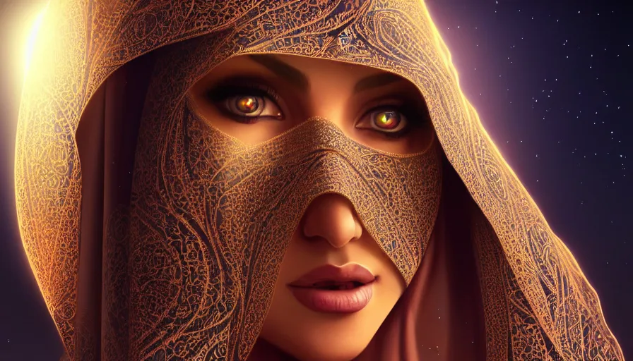 Image similar to Portrait of very very very very very very beautiful Arab woman wearing a Niqab, glowing magical eyes, energy trails, under giant full moon in the desert, intricate, elegant, highly detailed, digital painting, artstation, concept art, smooth, sharp focus, illustration, art by artgerm and greg rutkowski and alphonse mucha