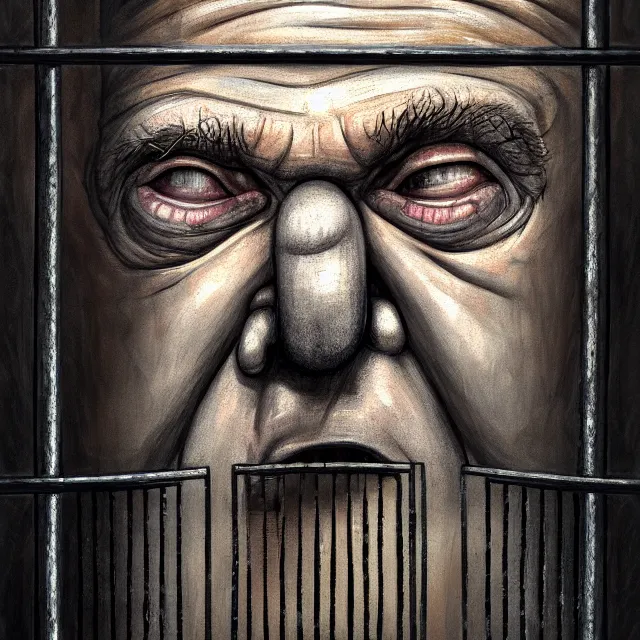 Prompt: prison cell behind bars of jail gediminas pranckevicius | close up portrait of a the trump behind jail bars in the sinister valley of despair, one mouth, one nose, two eyes, oil painting by tomasz jedruszek, cinematic lighting, pen and ink, intricate line, hd, 4 k, million of likes, trending on artstation