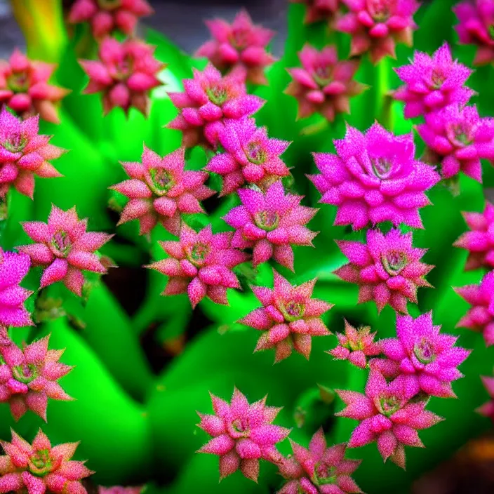 Image similar to hyper realistic, high detail photo of flowering succulent in garden of ancient babylon, beautiful, dreary lighting