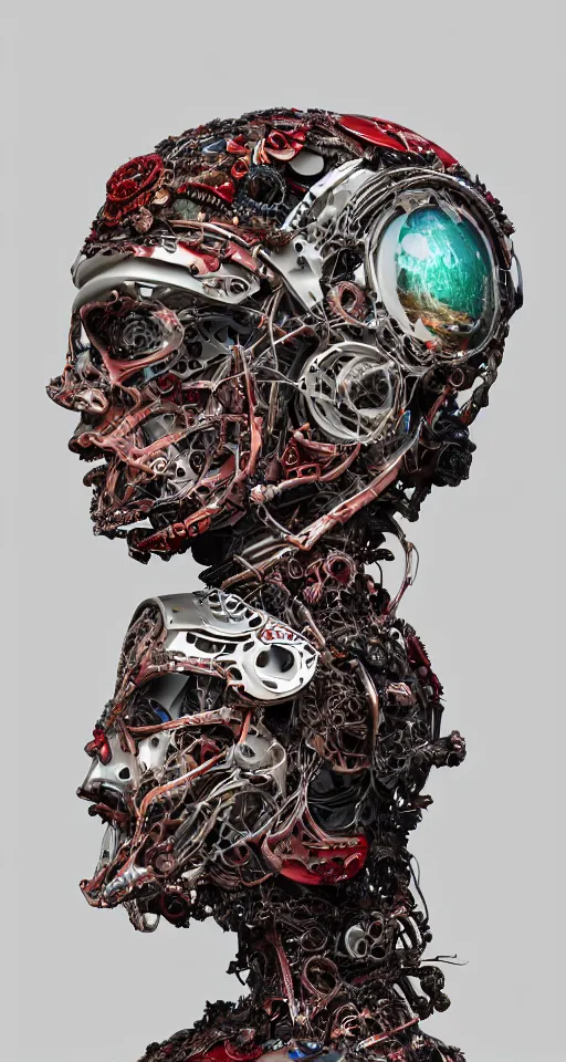 Prompt: cinema 4d colorful render, organic, ultra detailed, of a painted realistic face with glass helmet, scratched. biomechanical cyborg, analog, macro lens, beautiful natural soft rim light, blood, veins, sicko, winged insects and stems, roots, fine foliage lace, red and black details, Alexander Mcqueen high fashion haute couture, art nouveau fashion embroidered, intricate details, mesh wire, computer components, motherboard, floppy disk eyes,mandelbrot fractal, anatomical, facial muscles, cable wires, elegant, hyper realistic, in front of dark flower and feather pattern wallpaper, ultra detailed, 8k post-production