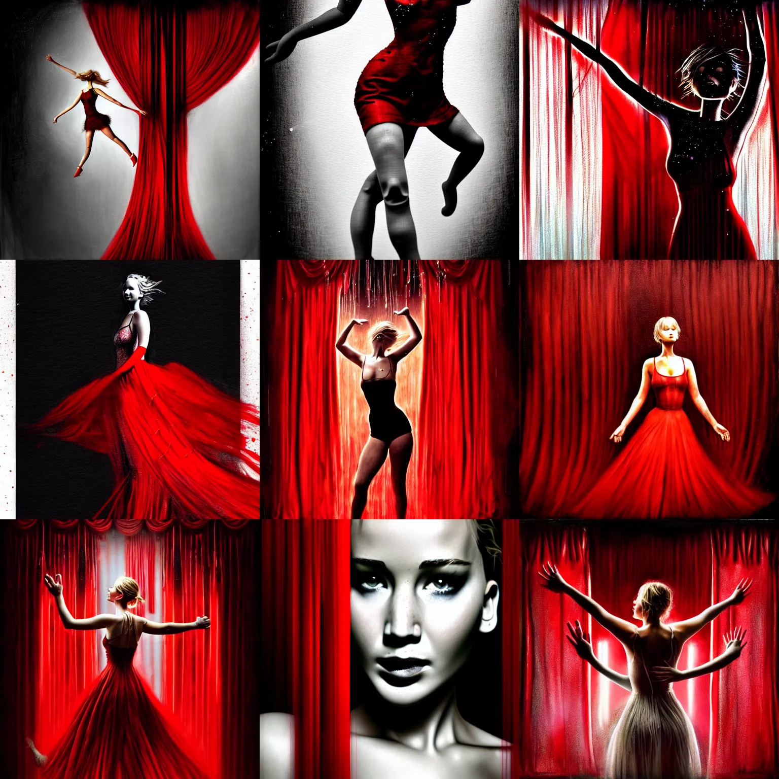 Prompt: dancing Jennifer Lawrence as a puppet strings surrounded by red curtains, by Brooke Shaden, close-up shot from behind, big white strings attached to each wrist from above, white neck visible, intricate, dystopian, sci-fi, extremely detailed, digital painting, artstation, concept art, smooth, sharp focus, illustration, intimidating lighting, incredible art, details visible, very dark ambiance