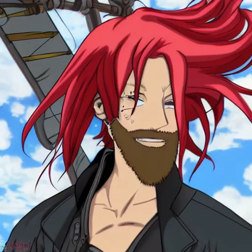 Image similar to male sky-pirate with long red hair and beard in front of a steampunk airship, full metal alchemist, anime style