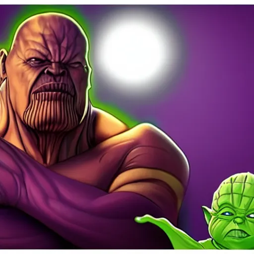 Image similar to photo of thanos sleeping in bed, next to yoda