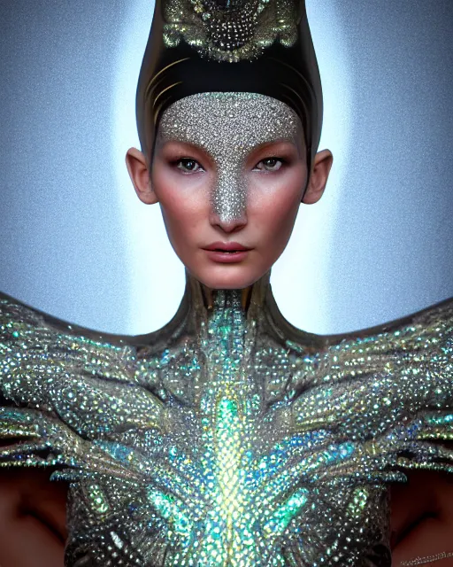 Image similar to a highly detailed metahuman 8 k close up render portrait of an alien goddess bella hadid as nymph in iris van herpen dress schiaparelli in diamonds crystals swarovski and jewelry iridescent in style of alphonse mucha gustav klimt trending on artstation made in unreal engine 4