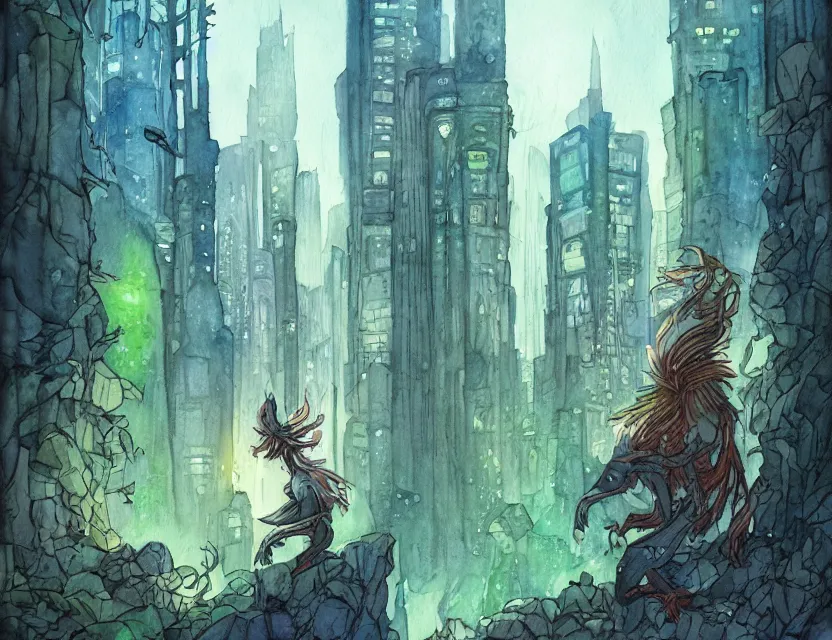 Prompt: lost forest spirit in a metropolis. this watercolor painting by the award - winning comic artist has dramatic lighting, an interesting color scheme and great sense of depth.