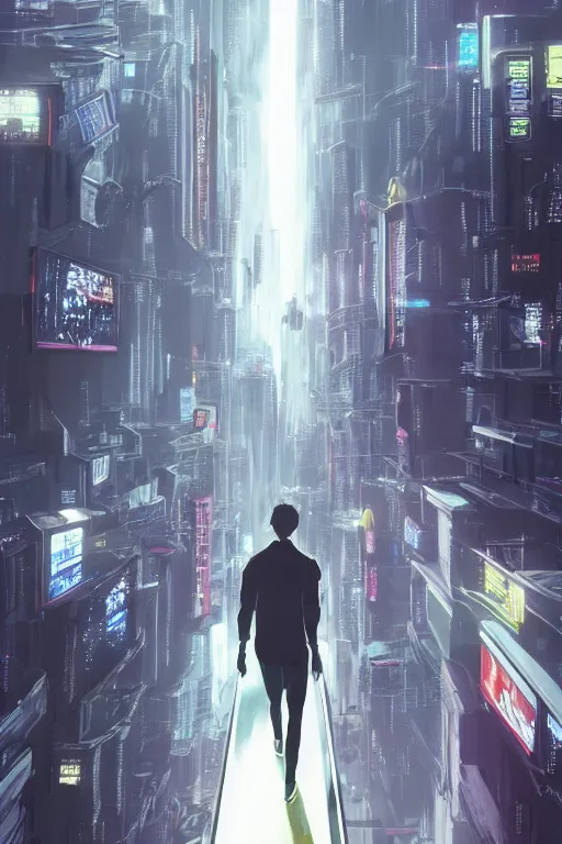 Prompt: man in white tracksuit overlooking a cyberpunk city, style of Mirror\'s Edge, dreamy, beautiful clouds, beautiful artwork by Makato Shinkai + Satoshi Kon, anime