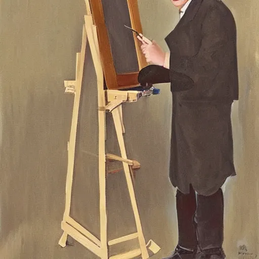 Prompt: ewan mcgregor is dressed as a gentleman at early 2 0 th century paris. he is watching an easel. that easel has a canvas on it. ewan mcgregor has a brush on his hand. he is painting a painting. realistic painting with strong outlines