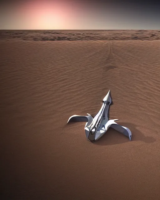 Image similar to the Invincible. Stanislav Lemm. Starship landing in desert. Digital art