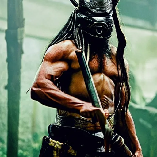 Image similar to predator film shot in feudal japan staring hiroyuki sanada as a disgraced ronin, who hunts down the predator after he fails to protect his master from it