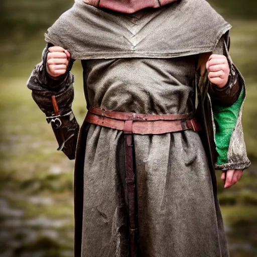 Prompt: Young medieval squire with medieval clothes. Standing in the mud. Face closeup. Hyper realistic photo.