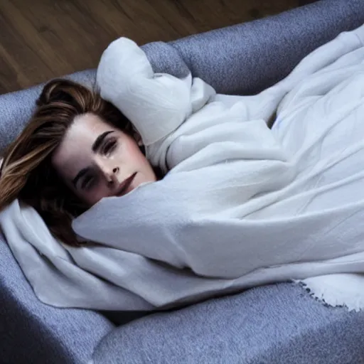 Prompt: emma watson sleeping in a bunch of cozy beds