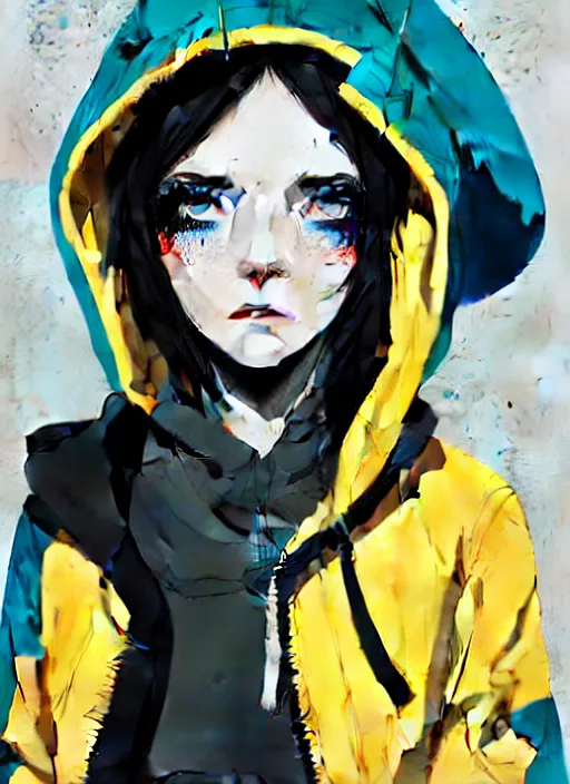 Image similar to highly detailed portrait of a street punk lady student, blue eyes, parka hoodie, hat, white hair by atey ghailan, by greg rutkowski, by greg tocchini, by james gilleard, by joe fenton, by kaethe butcher, gradient yellow, black, brown and cyan blue color scheme, grunge aesthetic!!! ( ( graffiti tag wall background ) )