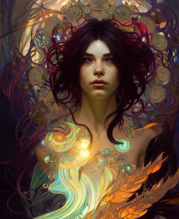 Image similar to a whirlwind of souls ushing inside the metaverse, half body, glowin eyes, d d, fantasy, intricate, elegant, highly detailed, colorful, vivid color, digital painting, artstation, concept art, art by artgerm and greg rutkowski and alphonse mucha and ruan jia