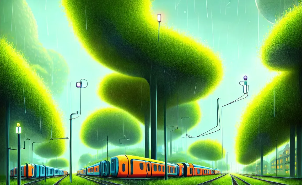 Prompt: Beautiful city of the future,trains, metro, techonology, houses, skyscraper overgrown with trees and plants. Raining at night with light pole illuminate the patch, Nice colour scheme, warm colour. Beautiful artistic digital artwork by artist Lurid. (2022), Gediminas Pranckevicius