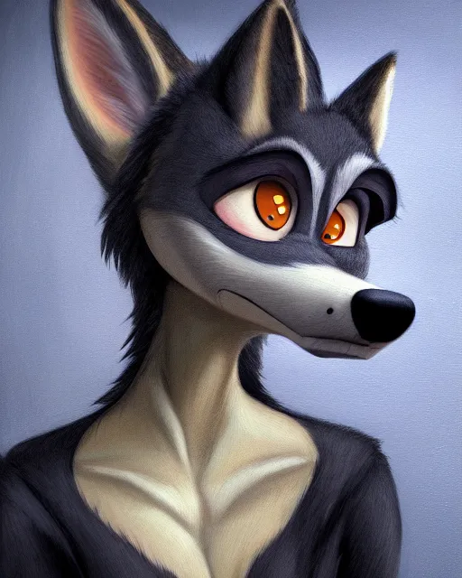 Image similar to dark oil painting of anthromorphic female wolf, in style of zootopia, zootopia, zootopia, fursona, furry, furaffinity, 4 k, deviantart, furry art, fursona art, wearing black business suit, business suit, in style of zootopia, wolf fursona, cyberpunk, female, very very very expressive detailed feminine face,