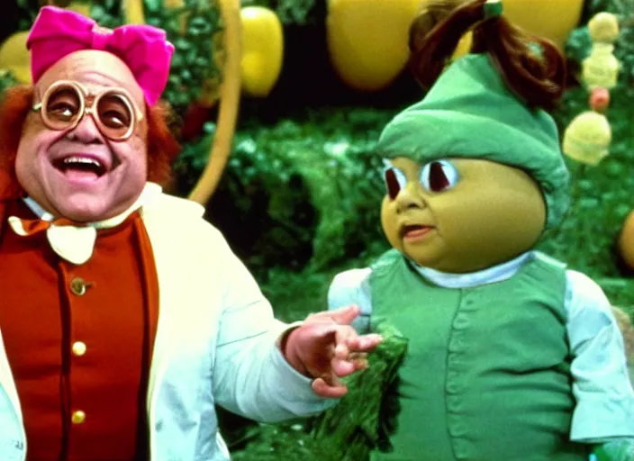 Prompt: film still of Danny Devito as an Oompa Loompa in Willy Wonka and the Chocolate Factory 1971