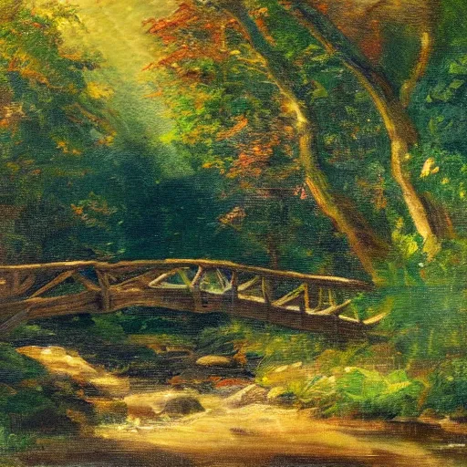 Image similar to a small bridge going over a narrow river stream in a summer forest, Impressionism painting, dramatic, sunlight rays