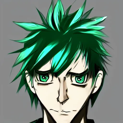 Image similar to Concept art of a man with green hair, trending on artstation, anime, art style of Mad House