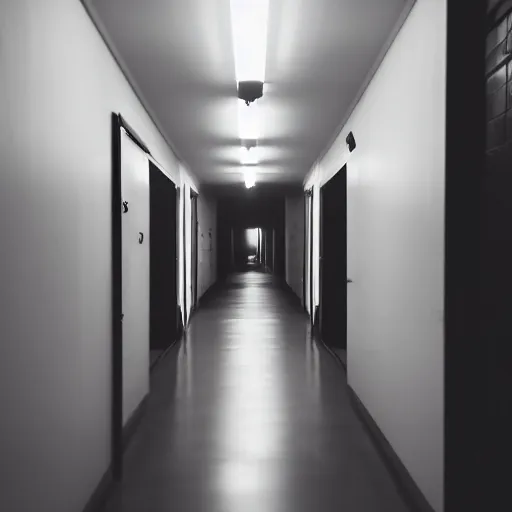 Image similar to a pitch black hallway with no windows and one deep red exit sign at the end, photographed at night