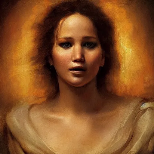 Prompt: Jennifer Lawrence in the style of The Sacrifice of Abraham by Rembrandt, Jennifer Lawrence as Sacrifice, oil painting, masterpiece, old master, grand master, digital painting, concept art, smooth, sharp focus, illustration by William-Adolphe Bouguerea