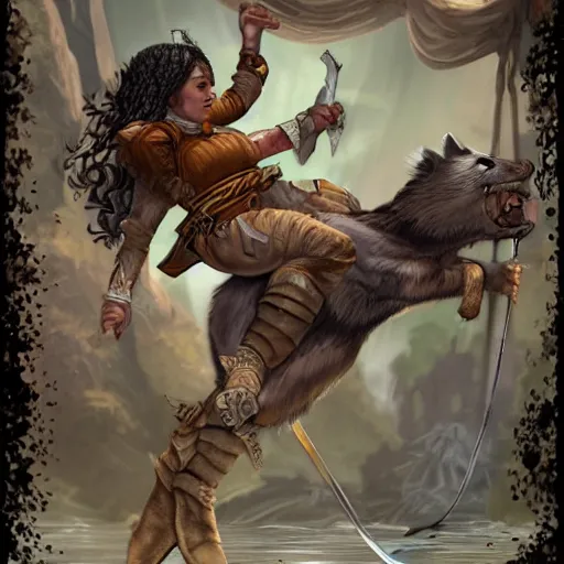 Image similar to D&D art of a female halfling rogue with hairy feet, riding on top of a panther through waterdeep, sunny afternoon