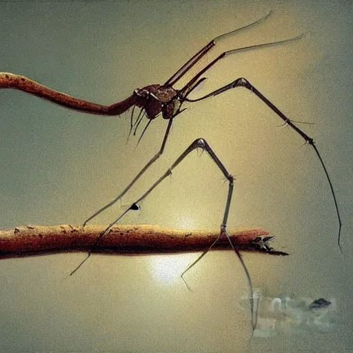 Image similar to antropromorphic stick insect, fantasy concept art, painting by Martin Johnson Heade