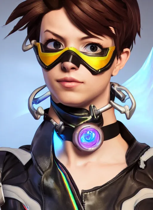 Image similar to portrait bust digital artwork of tracer overwatch, wearing iridescent rainbow latex and leather straps catsuit outfit, expressive face, makeup, in style of mark arian, angel wings, wearing detailed leather collar, chains, black leather harness, detailed face and eyes,