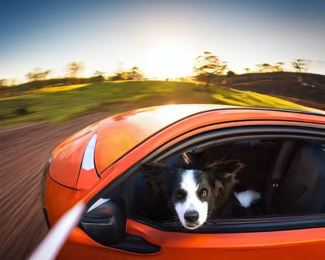 Image similar to border collie dog in the driver's seat of an orange nissan note, paws on wheel, car moving fast, rally driving photo, award winning photo, golden hour, front of car angle, extreme motion blur