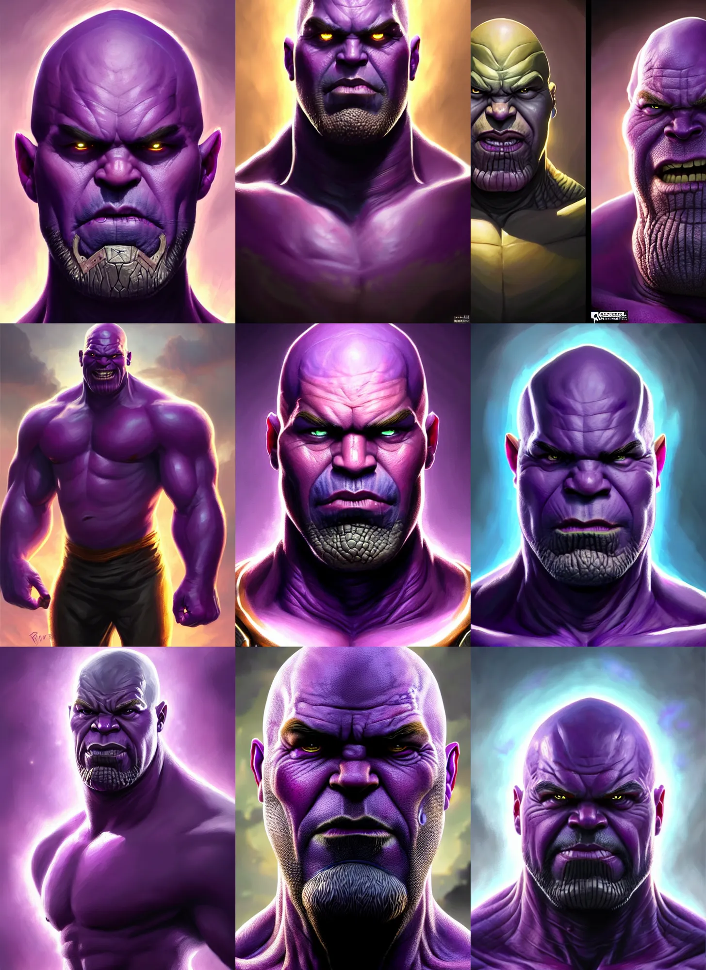 Prompt: a fantasy style portrait painting a character if drax the destroyer ( arthur douglas ) and thanos had a son, purple skin, powerful chin, thanos style traits, painting, unreal 5, daz., rpg, portrait, extremely detailed, artgerm greg rutkowski _ greg
