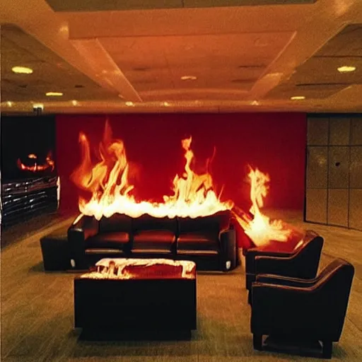 Prompt: “ burning sofa in hotel lobby, twin peaks style aesthetic ”