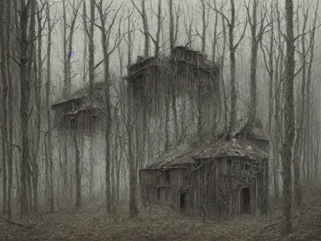 Image similar to abandoned wooden house in the woods, by zdzislaw beksinski, oil on canvas