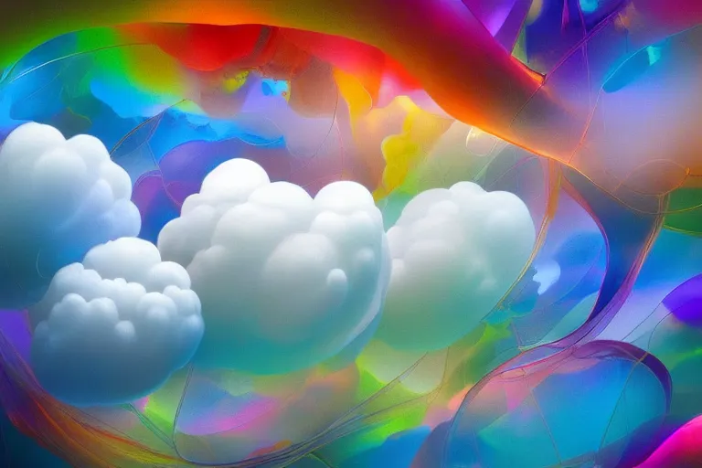 Prompt: a flock of many puffy white clouds tangled into large whirling ultra detailed blobs of colored glass, abstract environment, playful, award winning art, epic dreamlike fantasy landscape, ultra realistic,