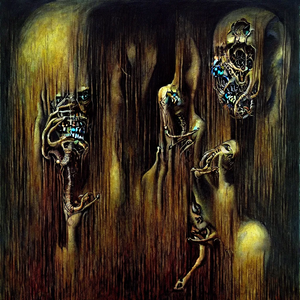 Image similar to a painting by beksinski, Giger, and Caravaggio