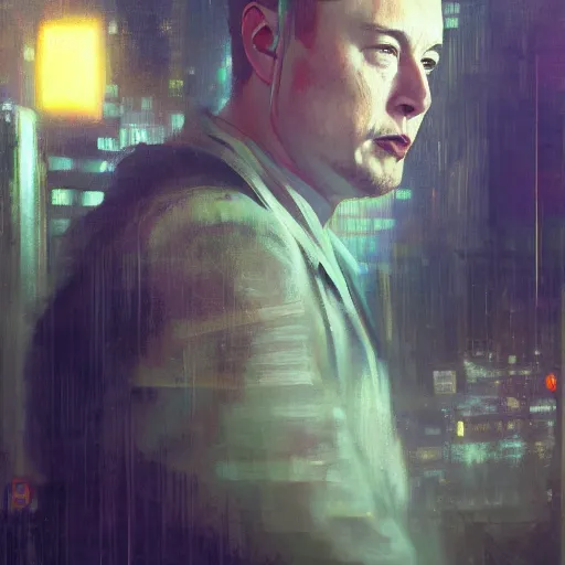 Image similar to elon musk, hyperrealistic portrait, bladerunner street, art of elysium by jeremy mann and alphonse mucha, fantasy art, photo realistic, dynamic lighting, artstation, poster, volumetric lighting, very detailed face, 4 k, award winning