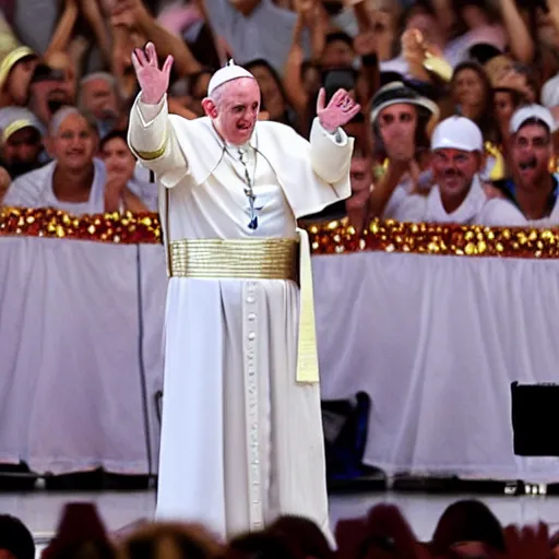 Prompt: pope in sunglasses rapping on a stage while holding a mic, wearing white robe and pope crown, crowd cheering, award winning photography, big gold cross