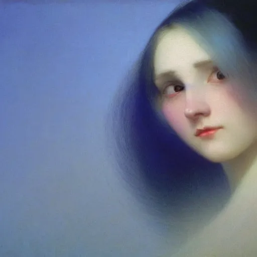 Image similar to a young woman's face, her hair is silver white and she wears an indigo blue satin cloak, by ivan aivazovsky and syd mead and moebius and gaston bussiere and roger dean and pieter claesz and paul delaroche and alma tadema and aelbert cuyp and glenn fabry, hyperrealistic, volumetric light, octane render