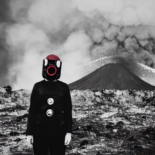 Prompt: white woman suit with a one red light eye gasmask standing close to volcano, fire raining, professional photography, black and white, cinematic, eerie