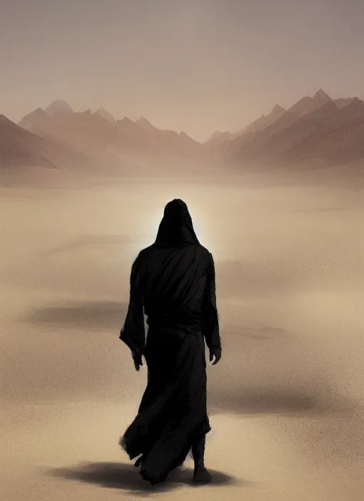 Prompt: a dark matter god walking in a desert wearing a black robe by greg rutkowski and artgem, detailed, digital art, trending on artstation, hyper - realistic