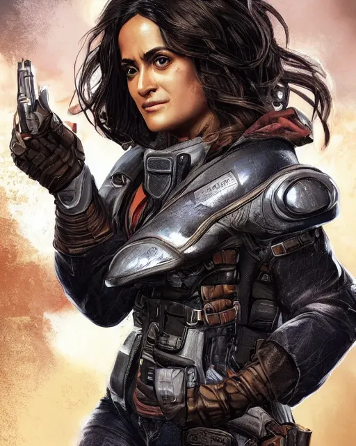 Prompt: Selma Hayek as an Apex Legends character digital illustration portrait design by, Mark Brooks and Brad Kunkle detailed, gorgeous lighting, wide angle action dynamic portrait