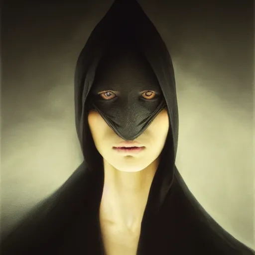 Image similar to a portrait of a young black woman wearing a long dark cloak, hood and shadows covering face, anatomically correct, beautiful perfect face, enigmatic, oil painting, matte painting, black background, Volumetric dynamic lighting, Highly Detailed, Cinematic Lighting, Unreal Engine, 8k, HD, by Beksinski