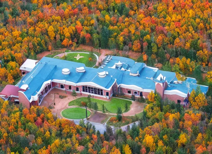 Prompt: low drone shot of a Disney style ranch style School campus in the middle of the Woods during autumn