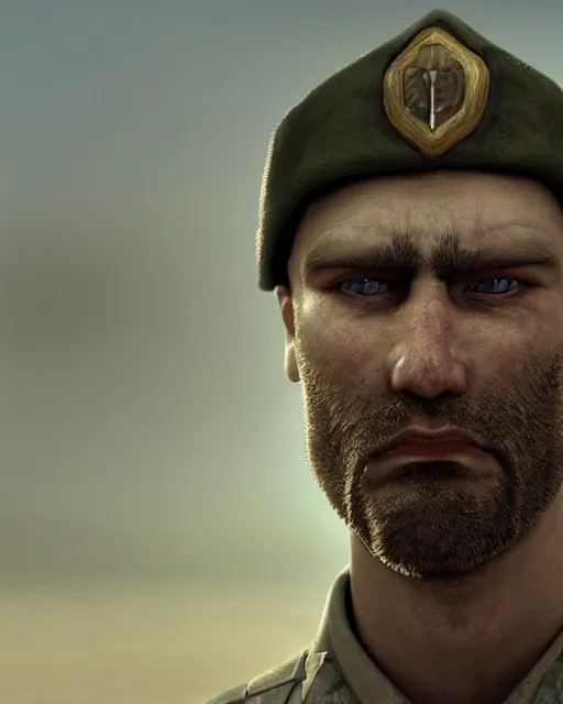 Image similar to portrait of muscular, tired and alcoholic 3 0 - year - old handsome man with short darkblonde hair, serious sad look in his eyes, looking down, dirty beard, blue eyes, crying tears, wearing dirty soldier uniform, on the desert, sad atmosphere, hyper realistic face, character art, art by mark brooks, cryengine, trending on artstation, digital art