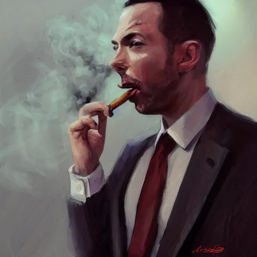 Image similar to andrew tate wearing a suit smoking a cigar on his mouth, dramatic lighting, cinematic, establishing shot, extremly high detail, photorealistic, cinematic lighting, artstation, style by James Gurney