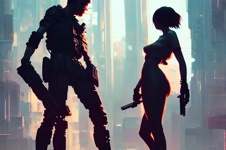 Image similar to hyper - realistic cinematic shot of cyberpunk romantic couple, extreme detail, in style of pan ren wei, yoji shinkawa, atey ghailan, ilya kuvshinov, by greg rutkowski, by greg tocchini, by james gilleard, by joe fenton, by kaethe butcher, grunge aesthetic