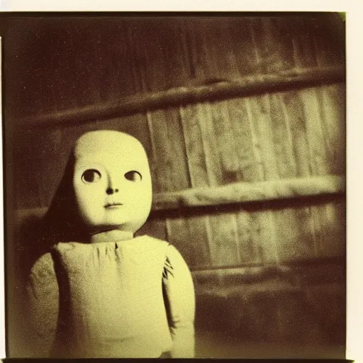 Prompt: a very beautiful old polaroid picture of a creepy doll in a barn, award winning photography